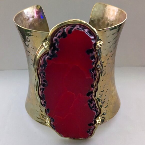 Unknown Jewelry - Wide Gold Tone Hammered Gold Tone Geode Agate Cuff Bracelet